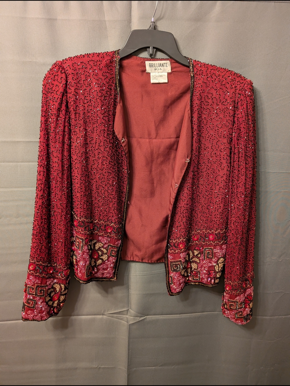 Vtg Brilliante by J.A. Beaded Silk Jacket L Red Cropped Embellished 80s 90s
